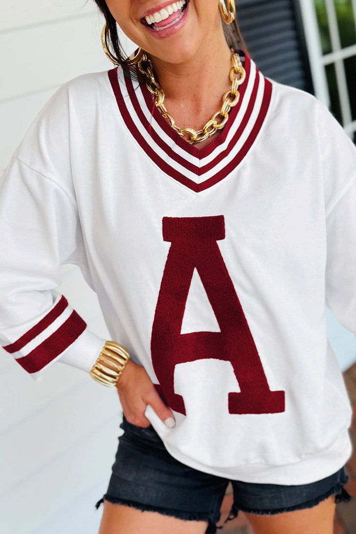 Varsity Letter Patch V Neck Football Game Day Sweatshirt