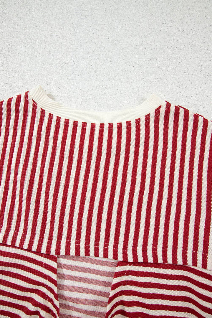 Red Stripe Bow Cutout Back Drop Shoulder Loose Tee