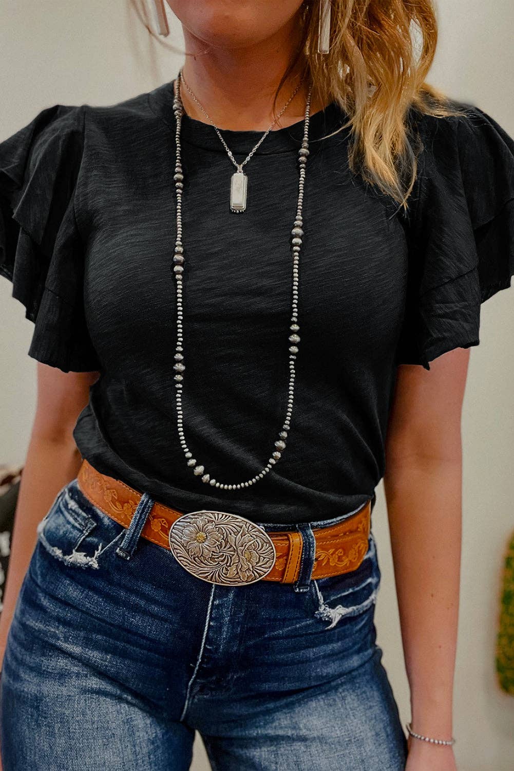 - Dark Grey Ruffle Sleeve Tee Casual Summer Top