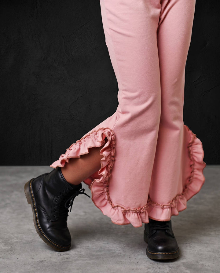 Kids Dusty Pink Hooded Ruffle Pocket Fall Winter Lounge Set