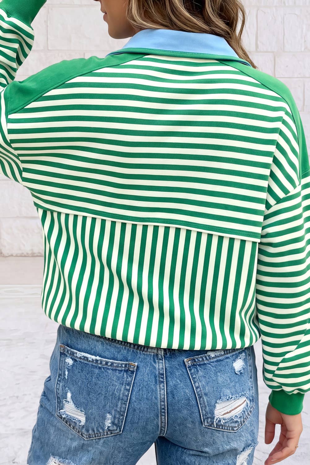 1 the Woman - Stripe Color Block Trim Half Zip Pullover Sweatshirt