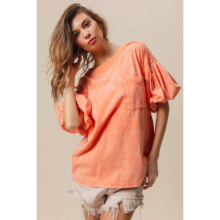 BiBi - MINERAL WASHED PUFF SLEEVE JERSEY TOP
