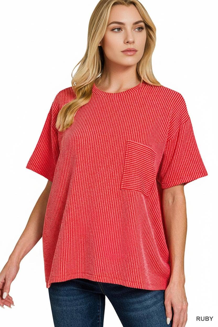 42POPS - Corded Rib Short Sleeve Front Pocket Top