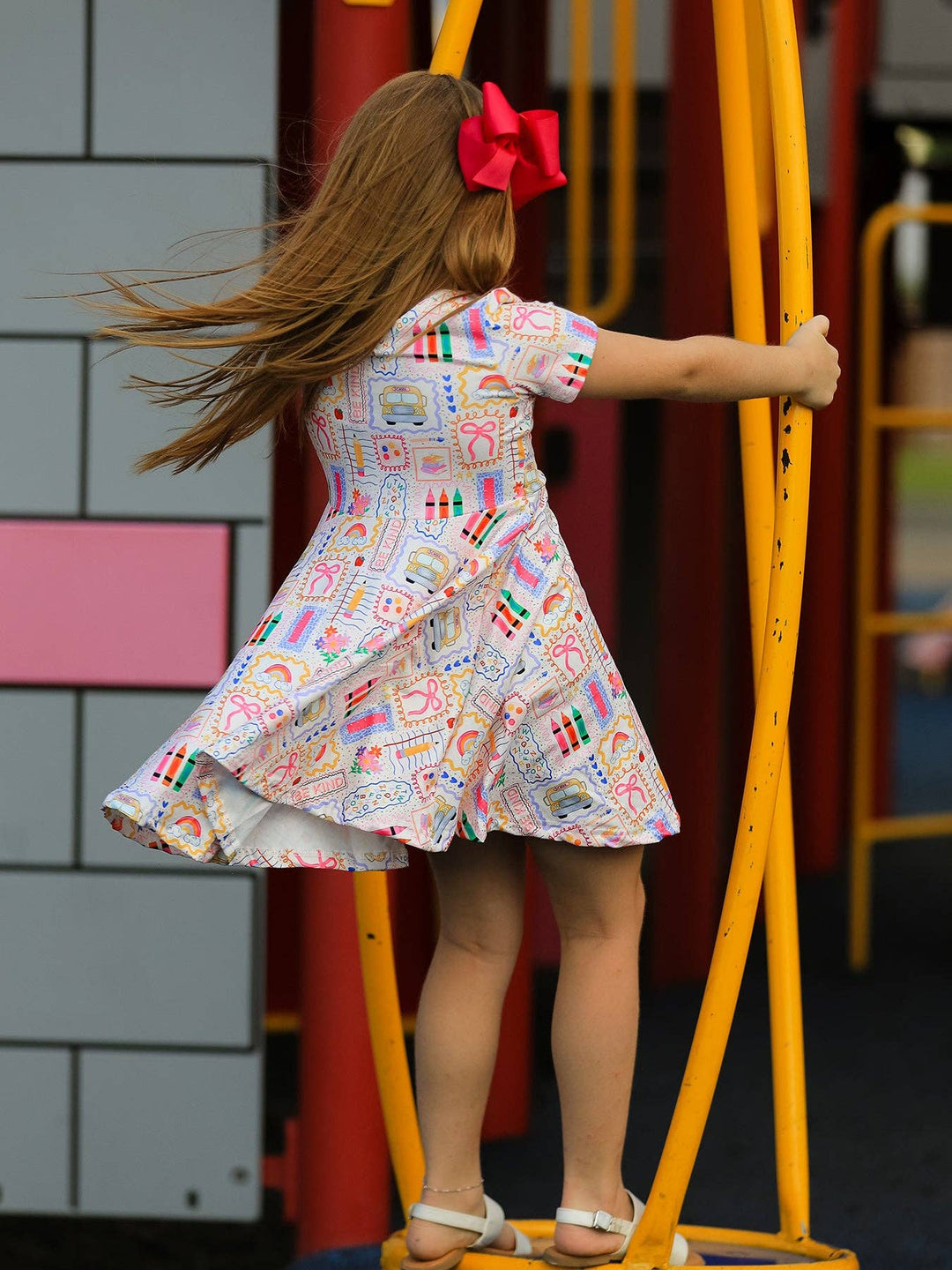 Back to School Rainbow Print Girls Dress Short Sleeve