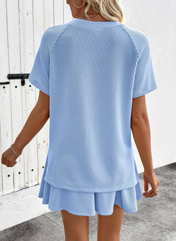Ribbed Knit Skort Set Short Sleeve Top 2 Piece Outfit