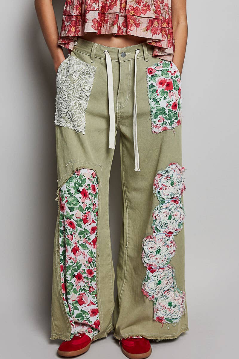 Pol Clothing - Drawstring Floral Patch Denim Pants