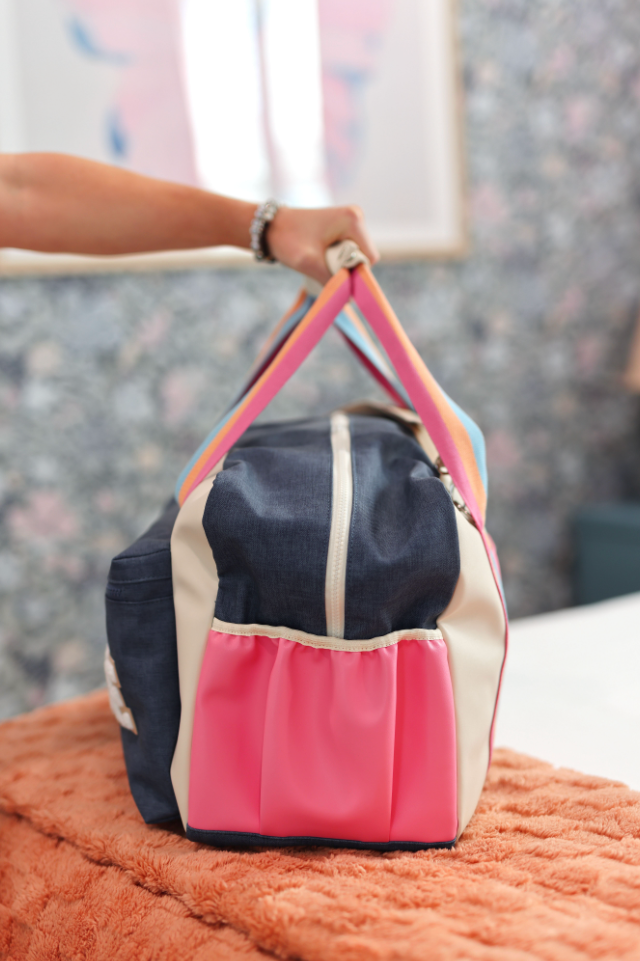 Jadelynn Brooke - Duffle Bag – Denim Print Color Block – Denim/Cream/Mint
