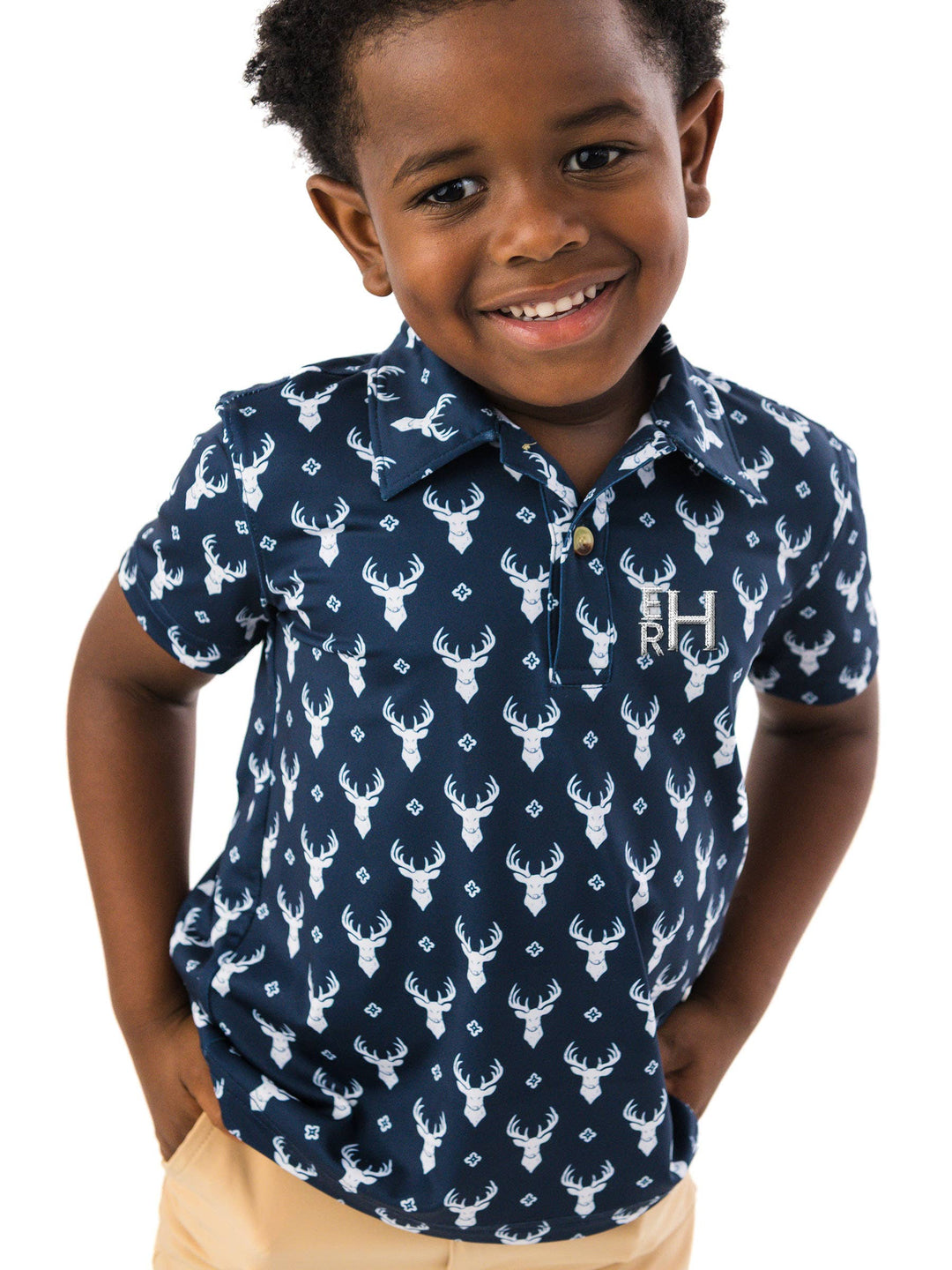 RuffleButts  - Boys Little Deer Lodge Knit Short Sleeve Performance Polo