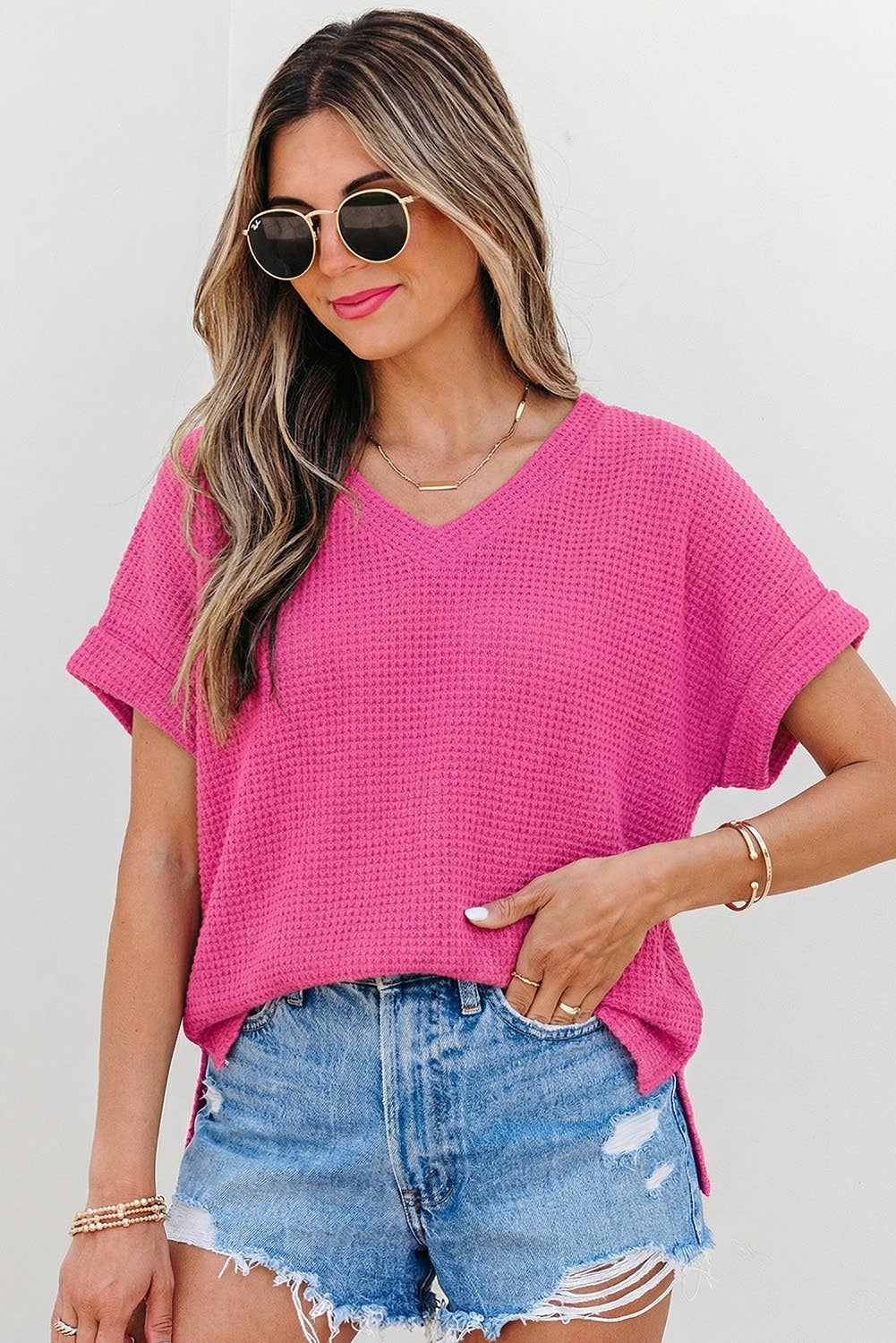 Aapparella - Waffle Texture V Neck Short Sleeve Knit Top | S-XL