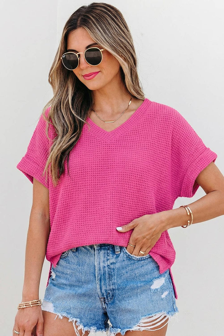 Aapparella - Waffle Texture V Neck Short Sleeve Knit Top | S-XL