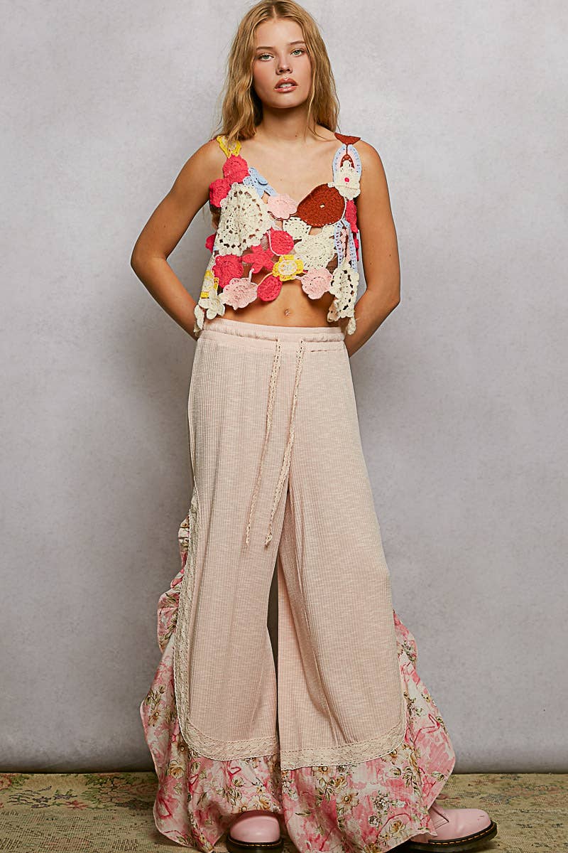 Pol Clothing - Floral Pattern Ruffle Detail Ribbed Knit Pants