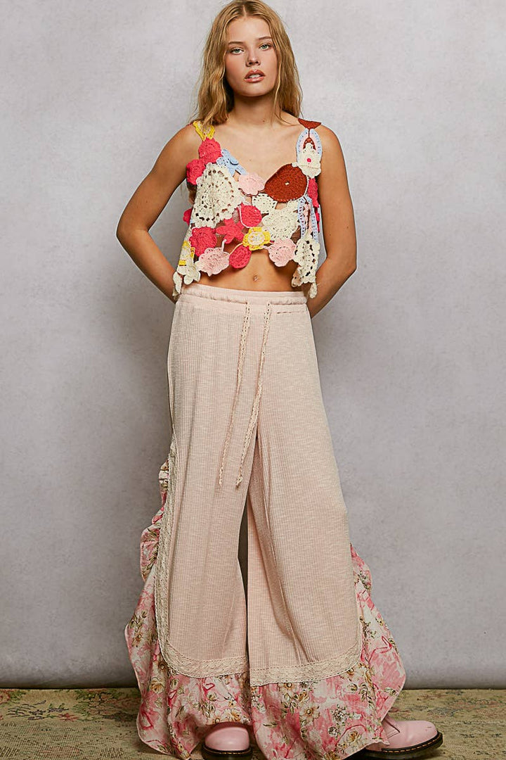 Pol Clothing - Floral Pattern Ruffle Detail Ribbed Knit Pants