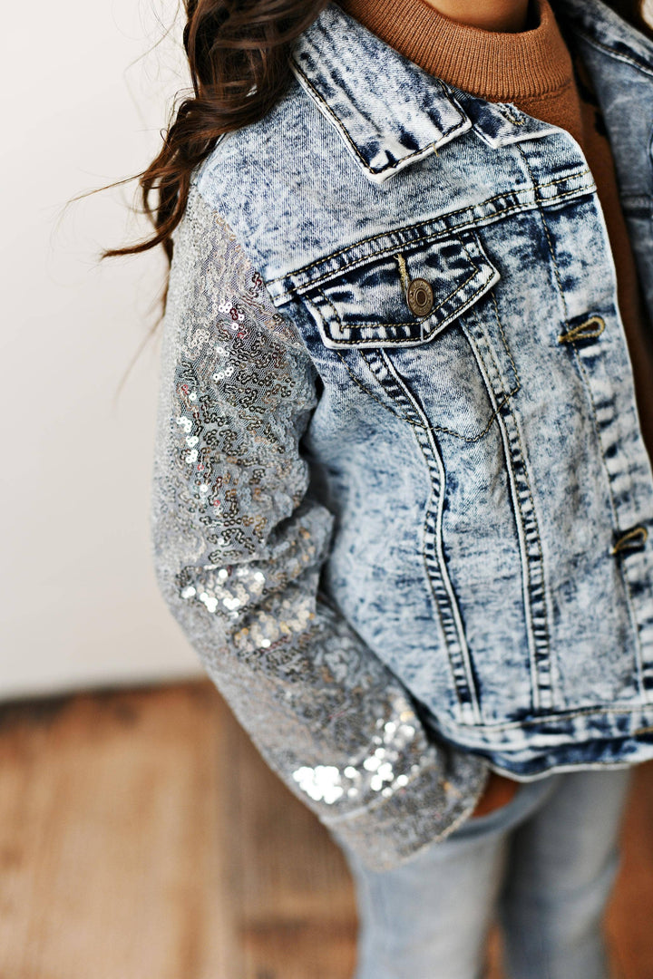 Kids Silver Sequin &amp; Light Wash Denim Button Pocket Jacket