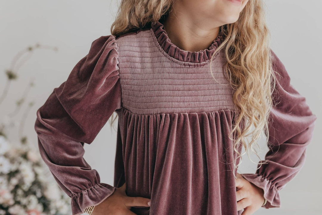 Girls Dusty Rose Smocked Velvet Fancy Holiday Party Dress