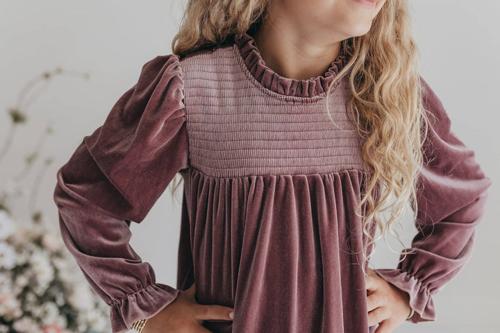 Girls Dusty Rose Smocked Velvet Fancy Holiday Party Dress