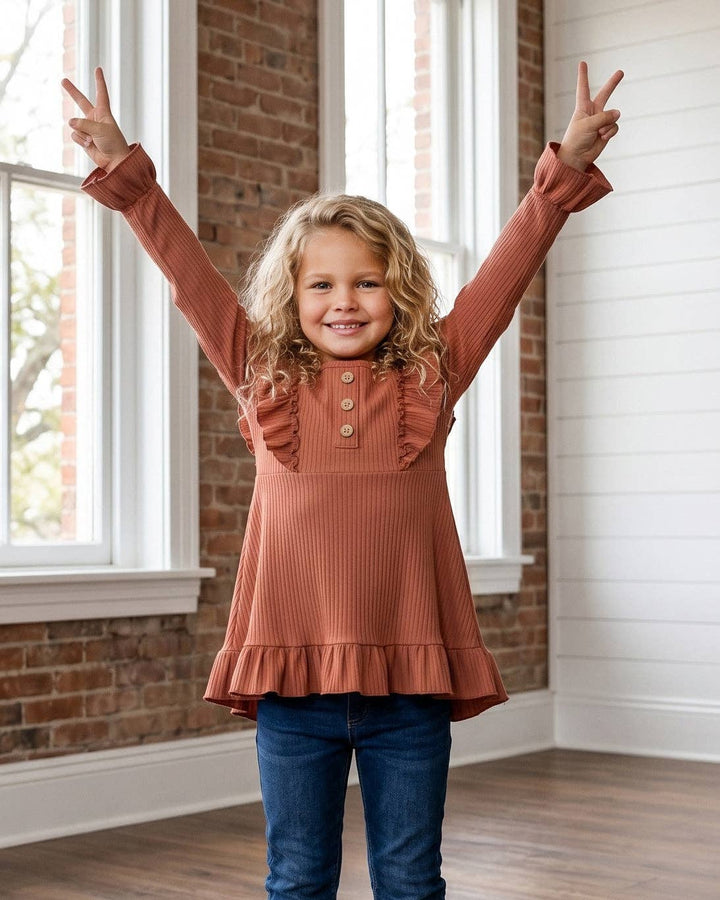 Kids Brown Toffee Ribbed Long Sleeve Button Ruffle Shirt