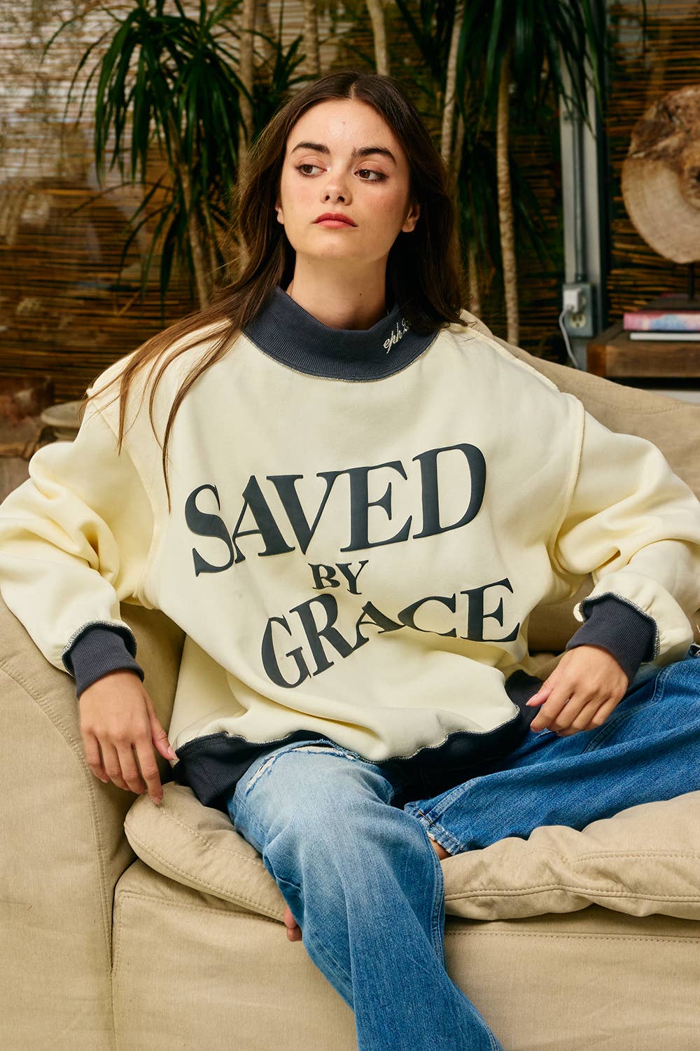BUCKETLIST INC  Saved by Grace Puff Print Sweatshirt