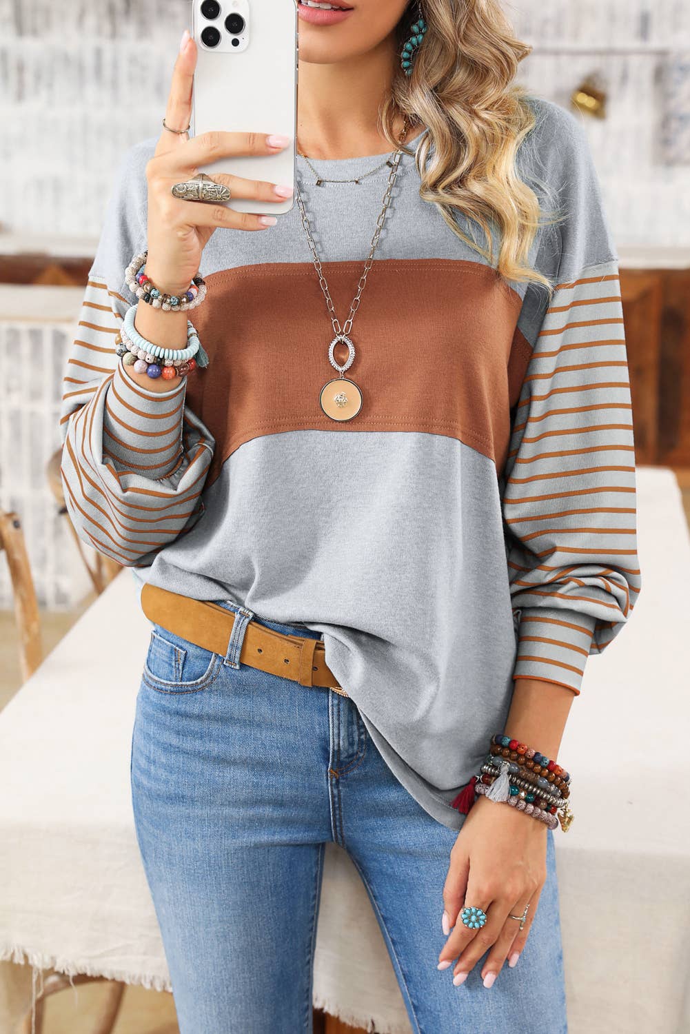 1 the Woman - Colorblock Striped Bishop Sleeve Top - 4 Colors