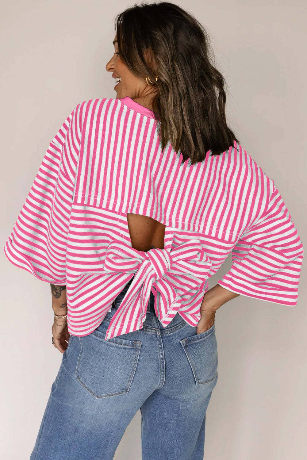 Pink Striped Knit Crew Neck Top with Back Bow Tie Detail