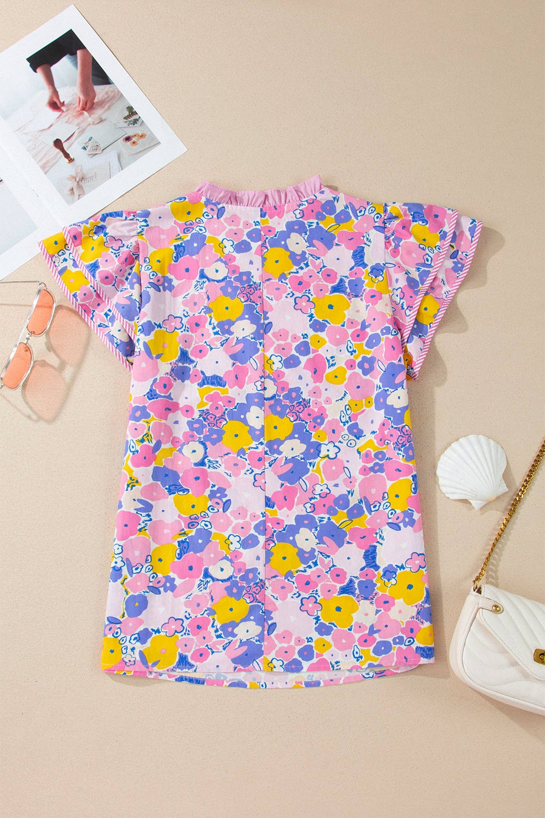 PRETTY BASH - PRETTY BASH Floral Colorblock Flutter Sleeve Blouse