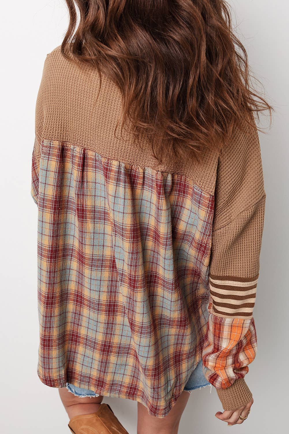 1 the Woman - Waffle Stripe Plaid Patchwork Henley Knit Top S-4X