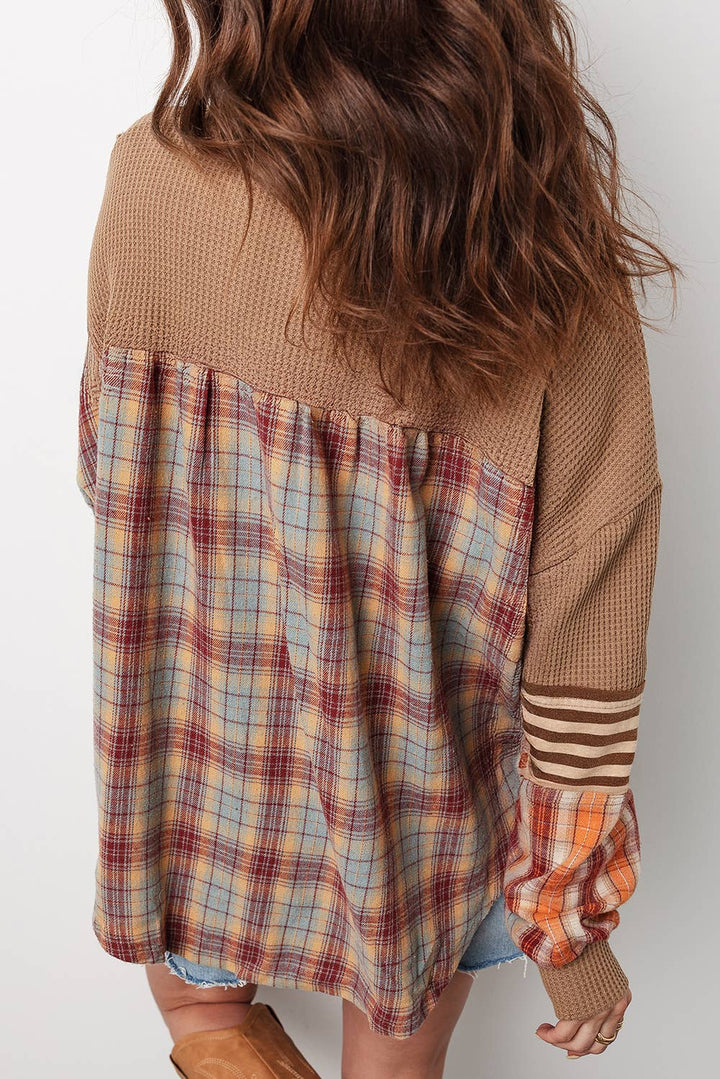 1 the Woman - Waffle Stripe Plaid Patchwork Henley Knit Top S-4X