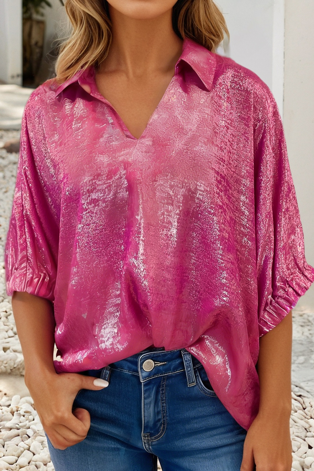 Little Daisy Closet - LDC Collared V Neck Half Sleeve Metallic Top