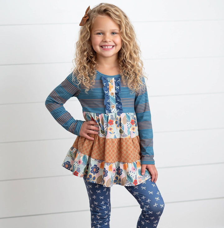 Girls Fall Blue Midnight Honey Ruffles 3 Tiered Pant Set