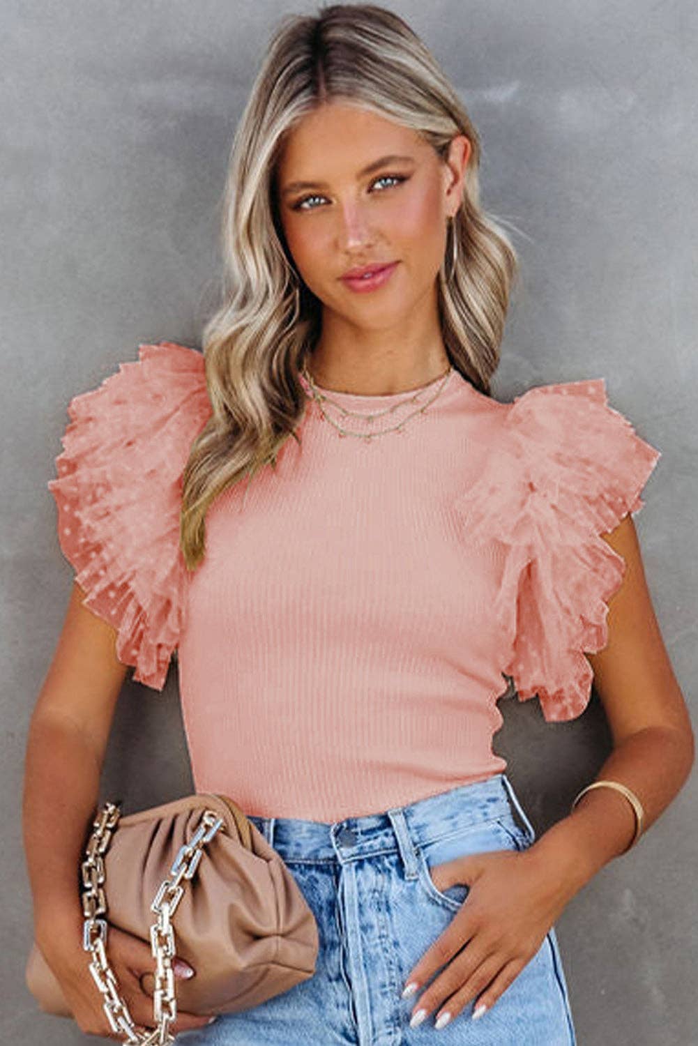 Mesh Ruffle Sleeve Ribbed Knit Top