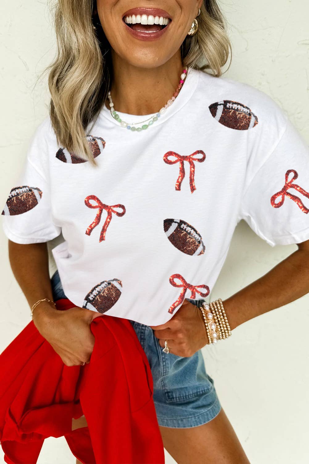 Little Daisy Closet - LDC Sequins Game Day Round Neck Short Sleeve T-Shirts