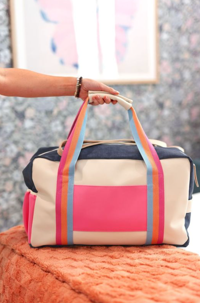 Jadelynn Brooke - Duffle Bag – Denim Print Color Block – Denim/Cream/Mint
