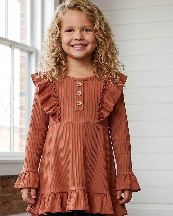 Kids Brown Toffee Ribbed Long Sleeve Button Ruffle Shirt