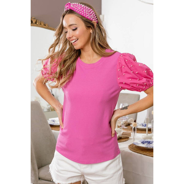 BiBi - PEARL BEADED SHORT PUFF SLEEVE TOP