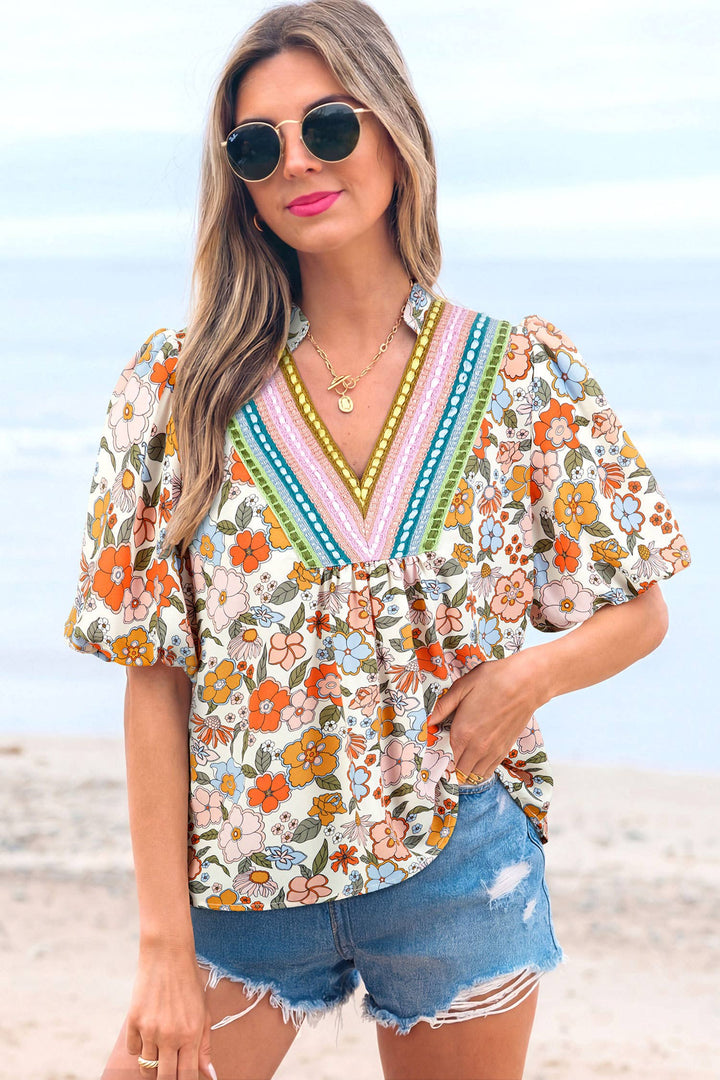 66DISCO - Crochet V Neckline Puff Sleeve Boho Flower Blouse (S-XL)