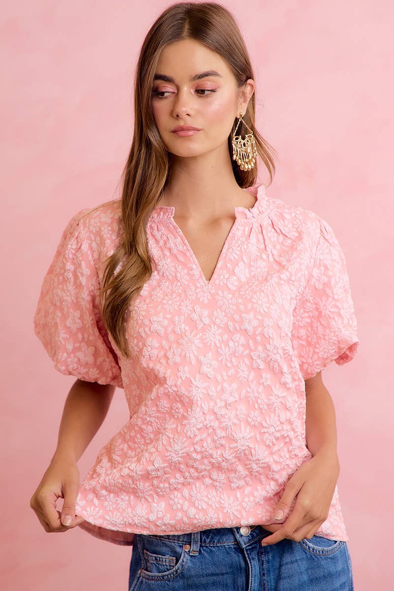 BiBi - FLORAL PATTERN TEXTURE SLEEVES RUFFLED V-NECK TOP