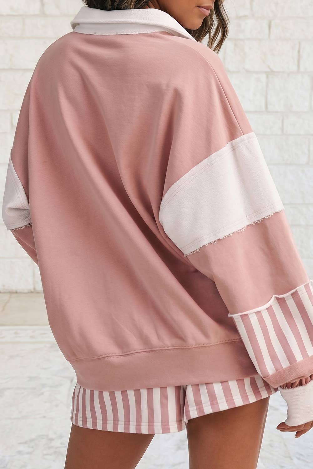 Striped Colorblock Patchwork Collar Sweatshirt &amp; Shorts Set