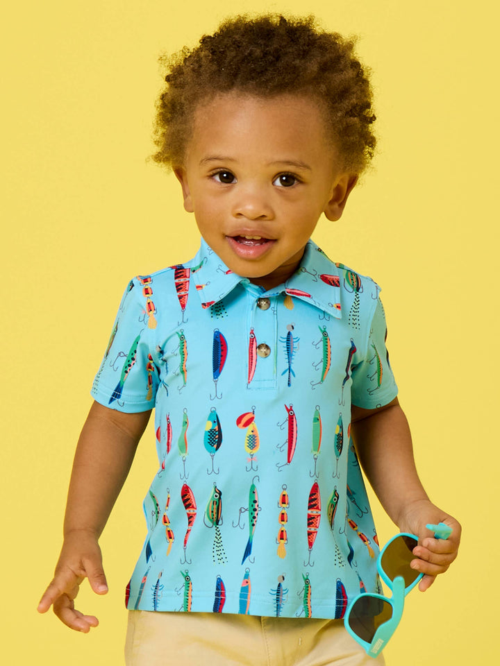RuffleButts - Boys Gone Fishin Knit Short Sleeve Performance Polo