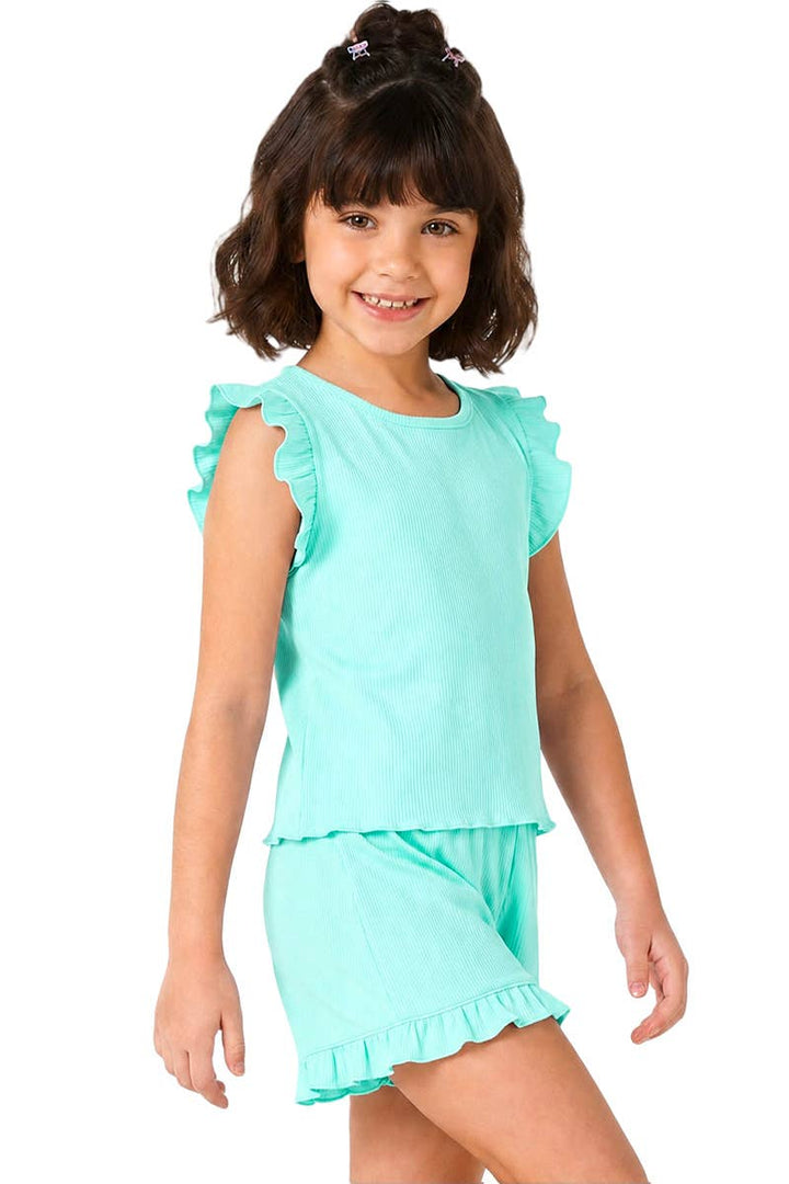 Girls 2 pc Ribbed Short Set w/ Ruffle Sleeve