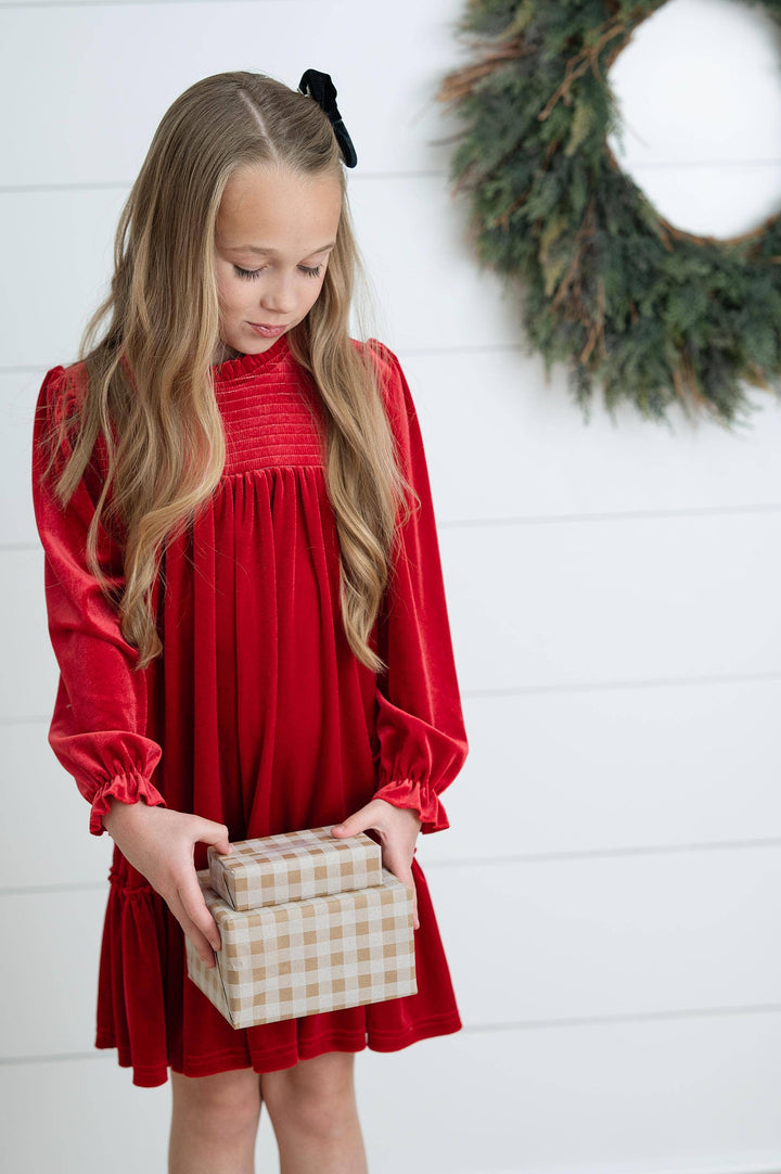 Girls Alexa Red Smocked Velvet Fancy Holiday Party Dress