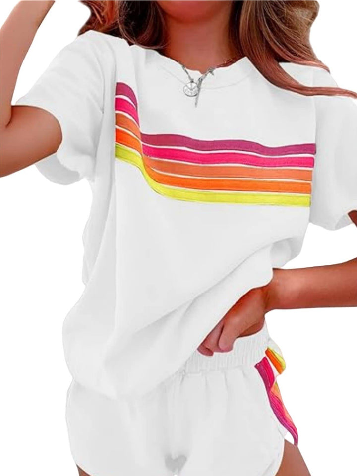 Rainbow Stripes crewneck short sleeve tee &amp; short resort set