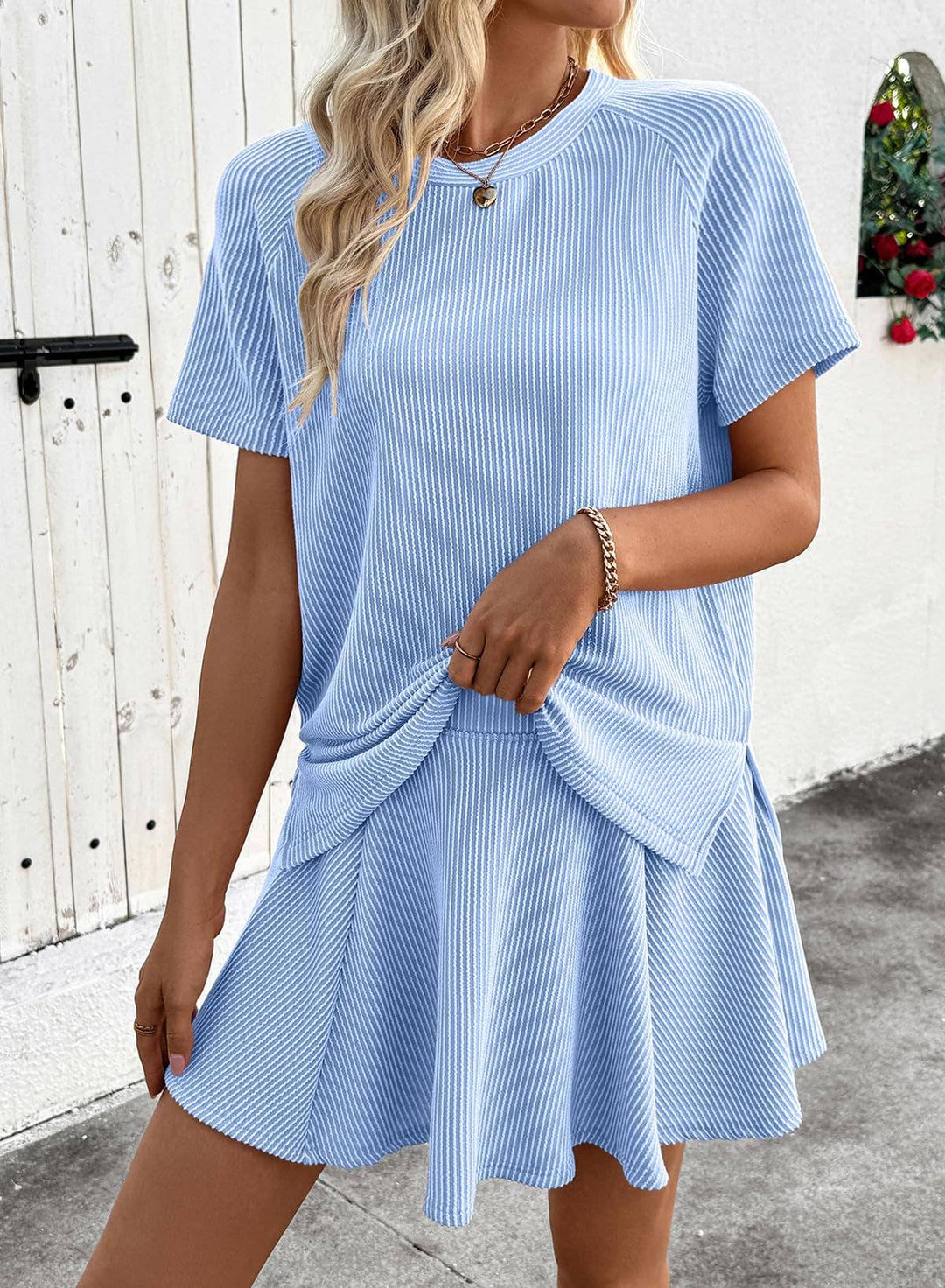 Ribbed Knit Skort Set Short Sleeve Top 2 Piece Outfit