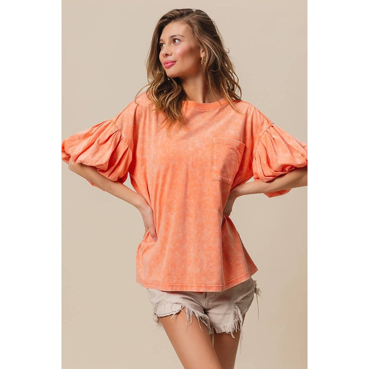 BiBi - MINERAL WASHED PUFF SLEEVE JERSEY TOP