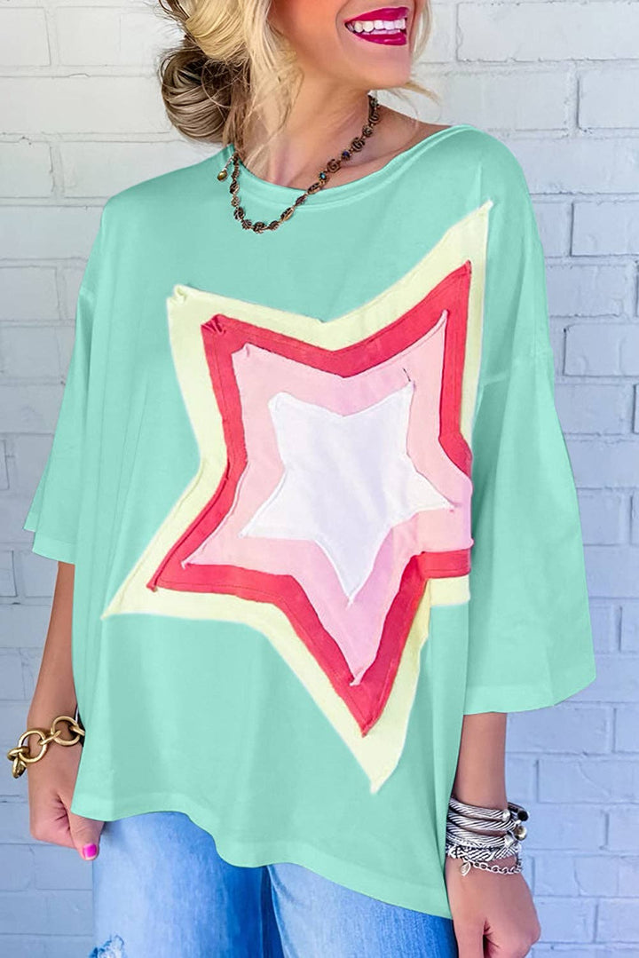 Lovesoft - Colorblock Star Patched Half Sleeve Oversized Tee
