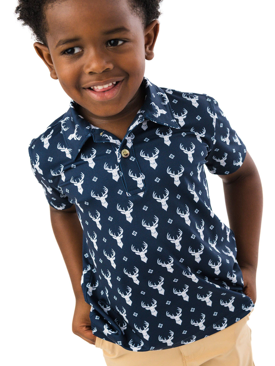 RuffleButts  - Boys Little Deer Lodge Knit Short Sleeve Performance Polo