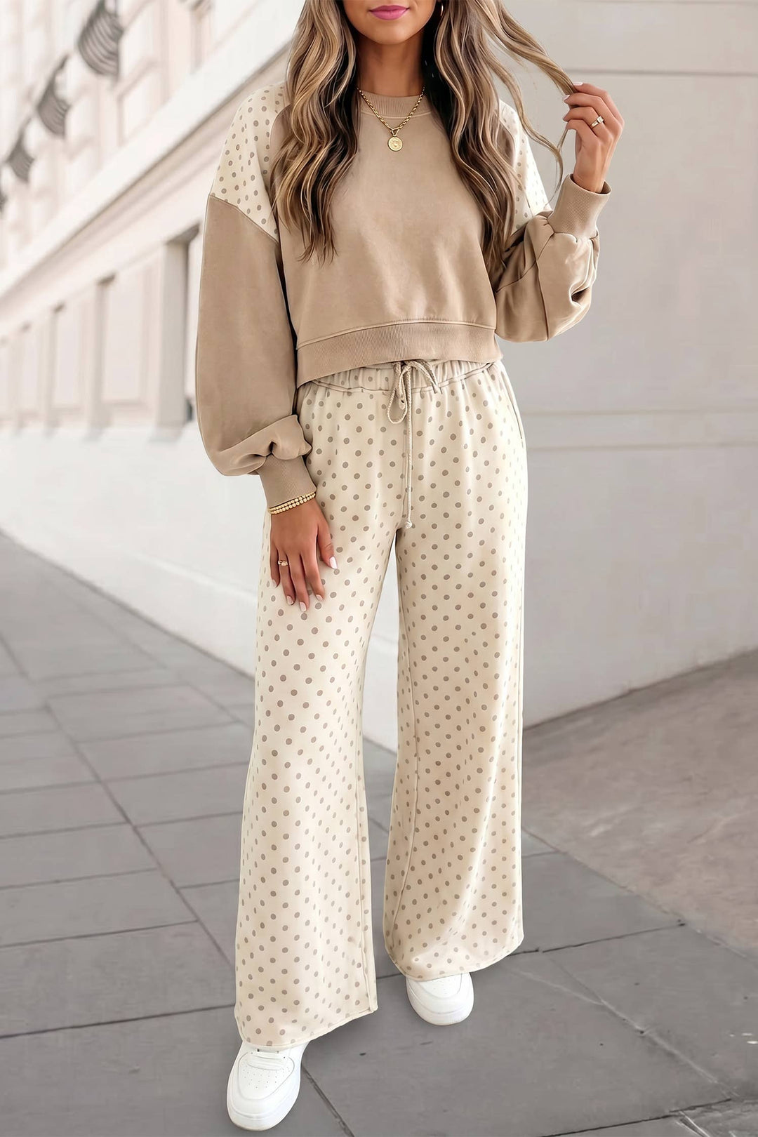Aapparella - Polka Dot Colorblock Long Sleeve 2pcs Pants Set FW26 | S-XL