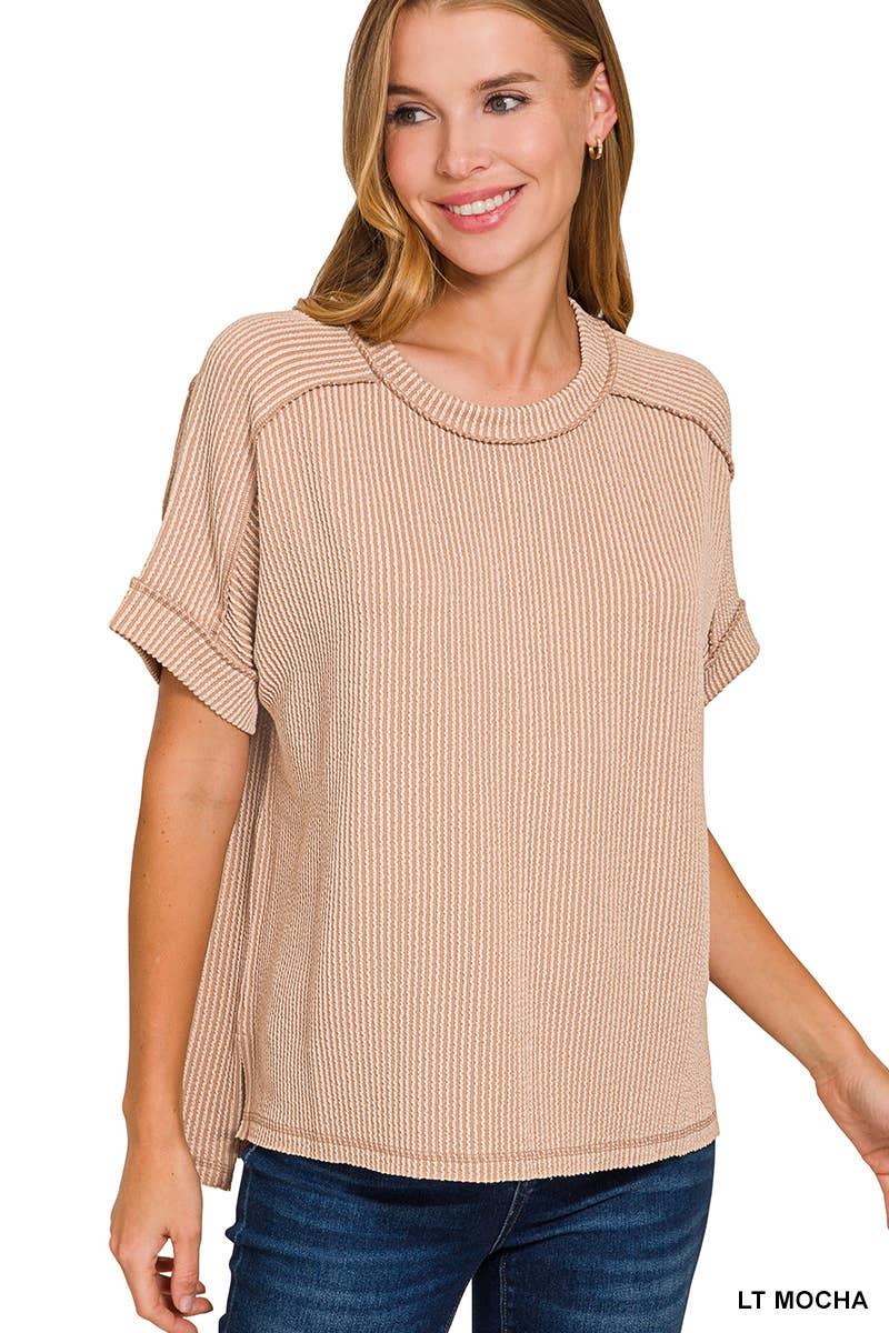 Textured Line Short Cuff Sleeve Raw Edge Top