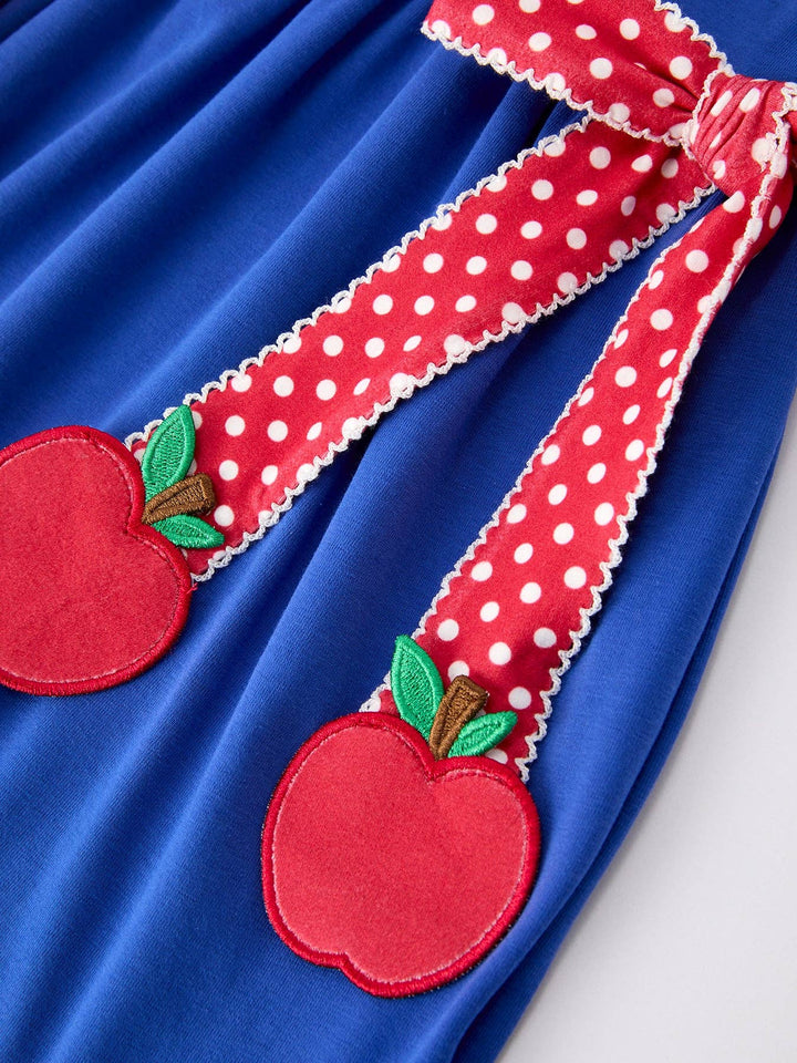 Girls Back To School Apple Polka Dot Petals Collar Bow Dress