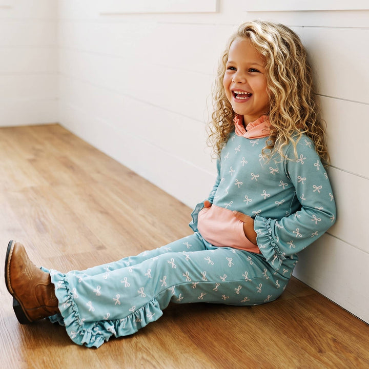 Kids Lucy Teal &amp; Pink Bow Hooded Ruffle Pocket Lounge Set