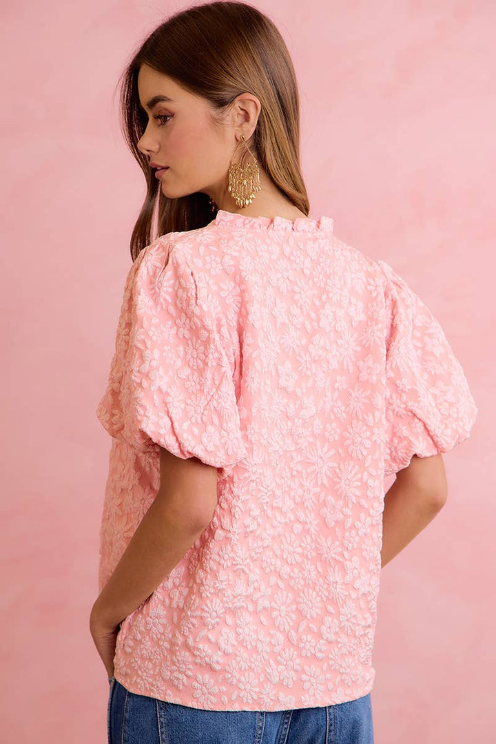 BiBi - FLORAL PATTERN TEXTURE SLEEVES RUFFLED V-NECK TOP