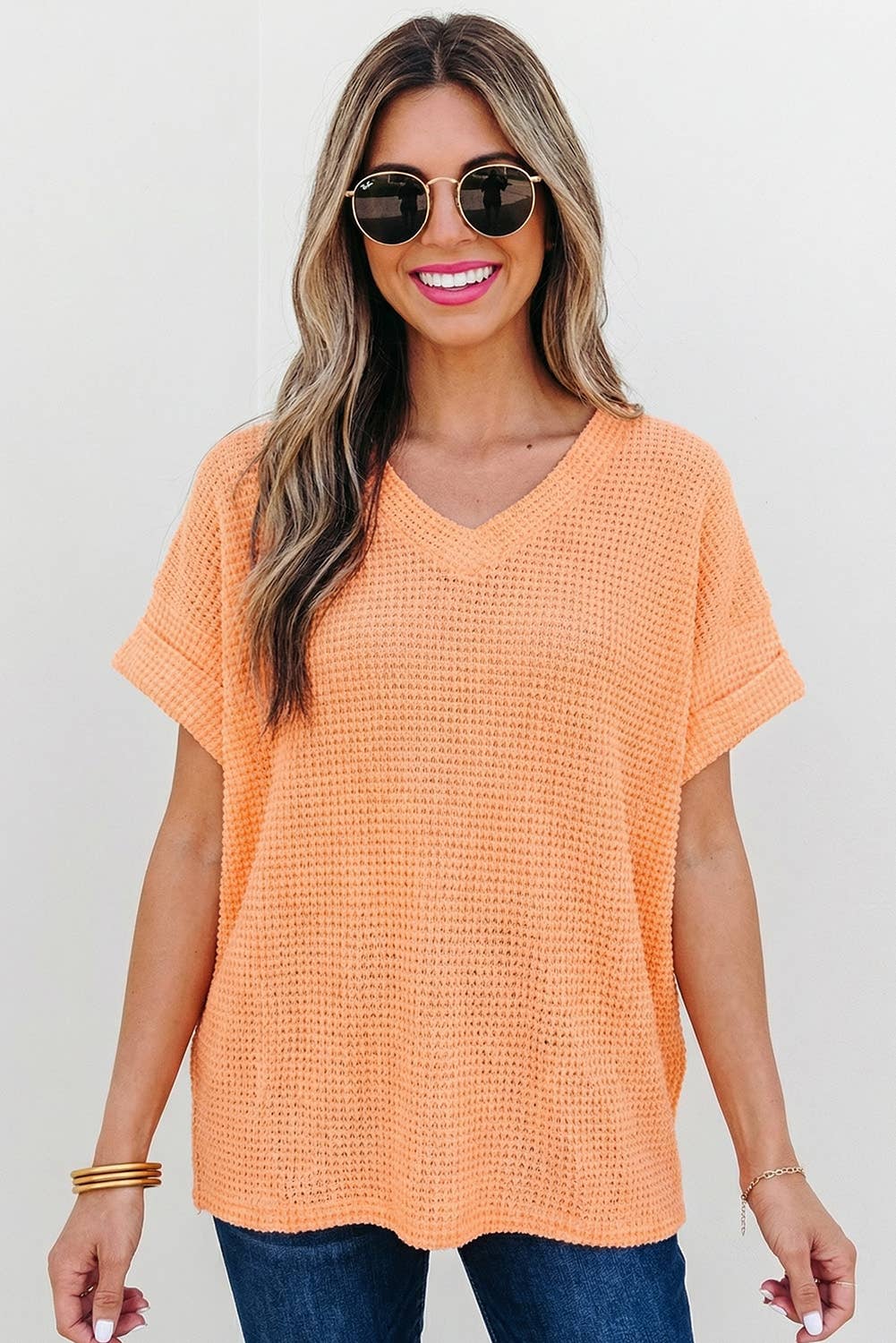 Aapparella - Waffle Texture V Neck Short Sleeve Knit Top | S-XL